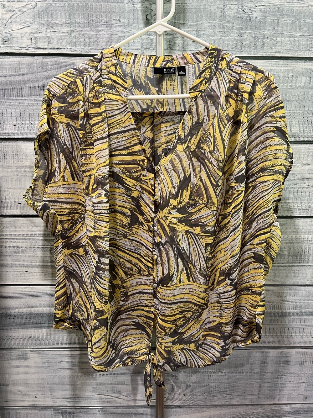 a.n.a Yellow and Black Leaf-Print Tie-Hem Blouse